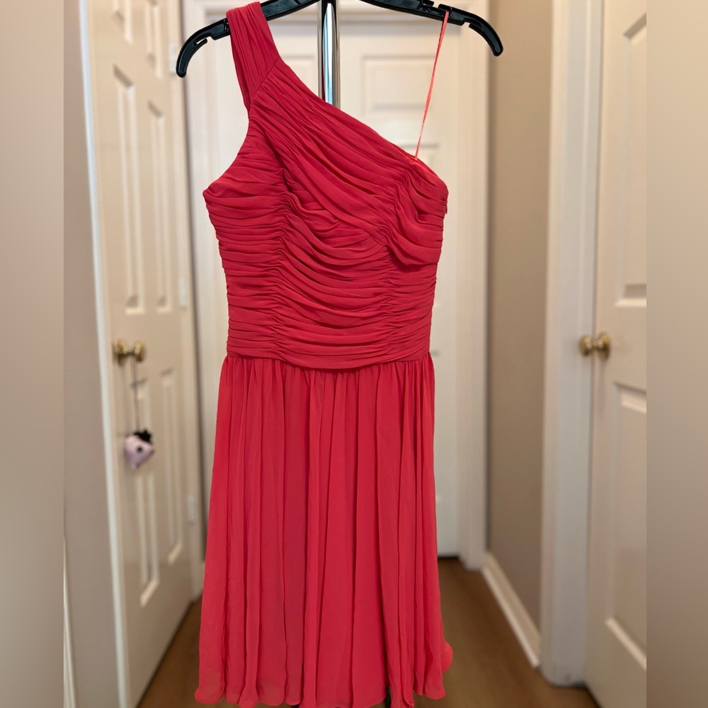 One Shoulder Coral-Red Chiffon Dress (Prom, Graduation, Wedding Guest)